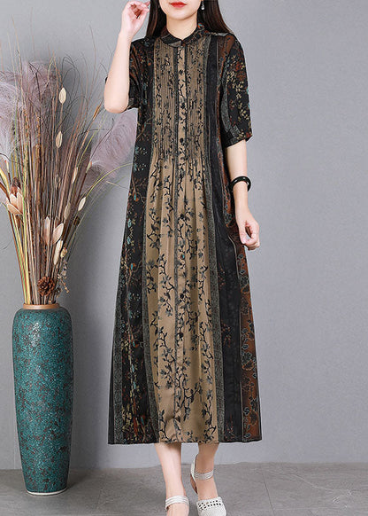 Loose Black O-Neck Print Patchwork Wrinkled Silk Party Dress Short Sleeve