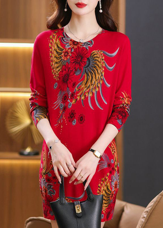 Loose Black O Neck Print Wool Knit Sweaters Dress Long Sleeve