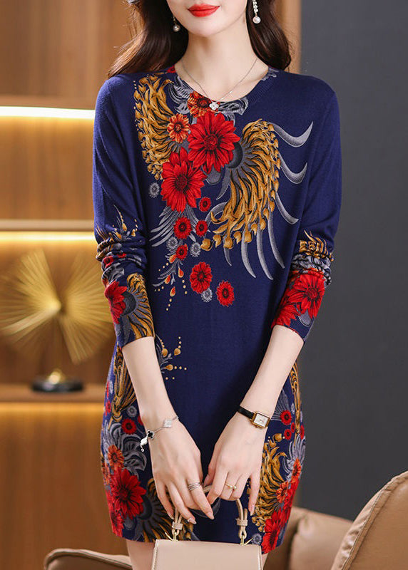 Loose Black O Neck Print Wool Knit Sweaters Dress Long Sleeve