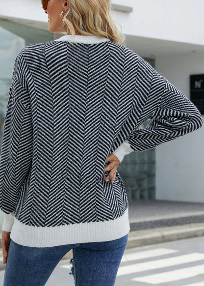 Loose Black O-Neck Striped Cozy Knit Sweater Spring