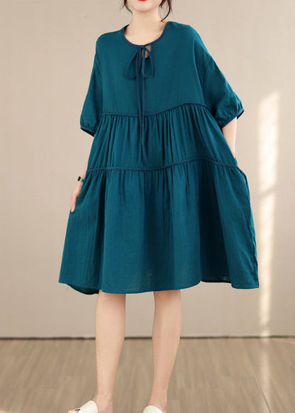 Loose Black O Neck Wrinkled Patchwork Cotton Mid Dress Summer