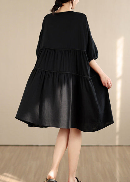 Loose Black O Neck Wrinkled Patchwork Cotton Mid Dress Summer