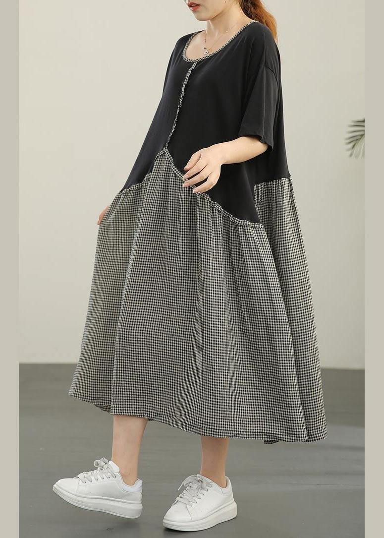 Loose Black Patchwork Plaid asymmetrical design Dresses Summer Cotton Linen - SooLinen