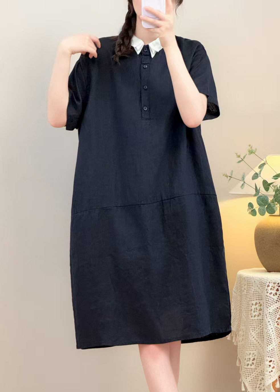 Loose Black Peter Pan Collar Button Patchwork Linen Cotton Dress Summer