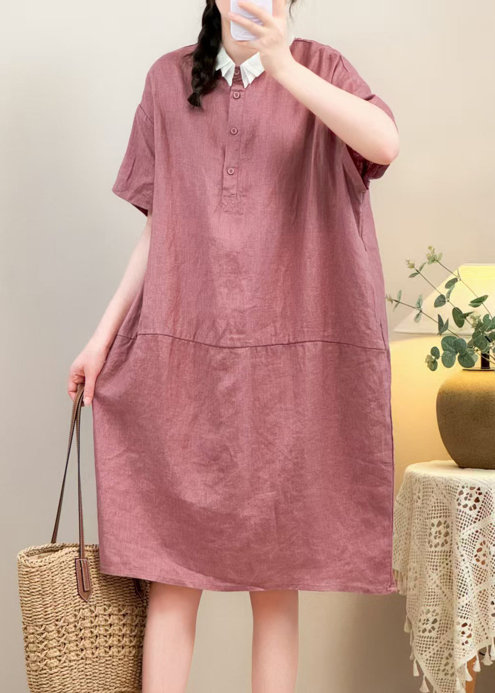 Loose Black Peter Pan Collar Button Patchwork Linen Cotton Dress Summer