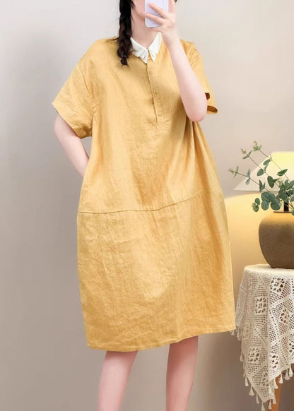 Loose Black Peter Pan Collar Button Patchwork Linen Cotton Dress Summer