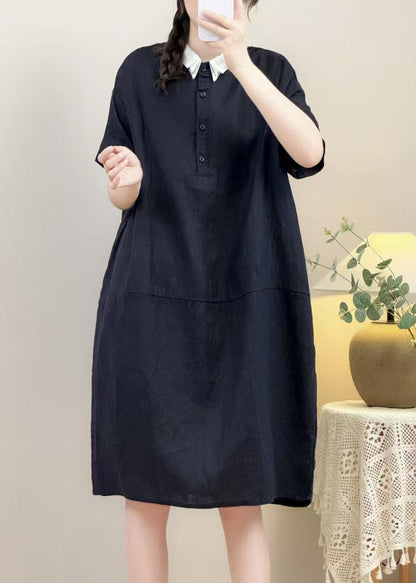 Loose Black Peter Pan Collar Button Patchwork Linen Cotton Dress Summer