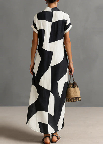 Loose Black Peter Pan Collar Geometric Print Cotton Dress Summer