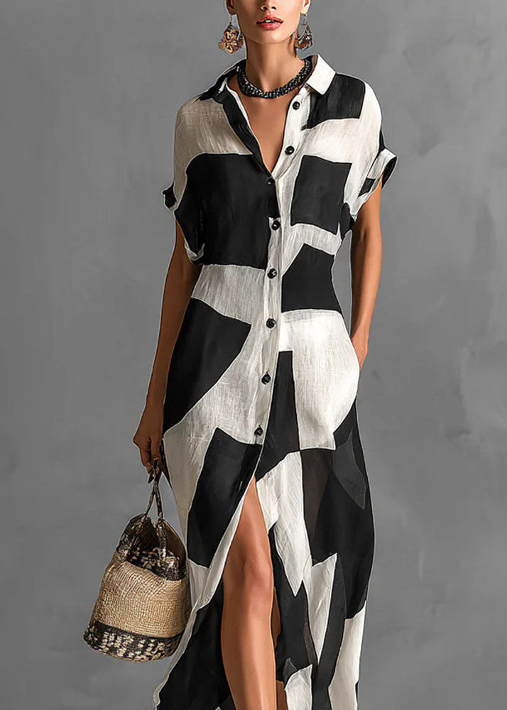 Loose Black Peter Pan Collar Geometric Print Cotton Dress Summer