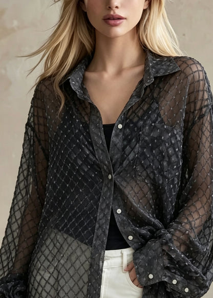 Loose Black Peter Pan Collar Patchwork Cotton Shirts Batwing Sleeve