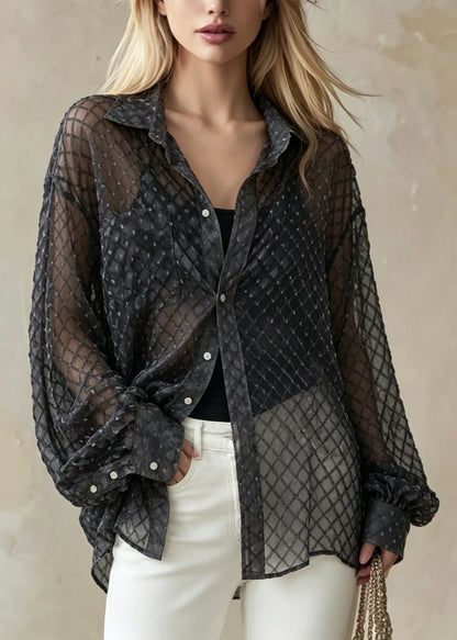 Loose Black Peter Pan Collar Patchwork Cotton Shirts Batwing Sleeve