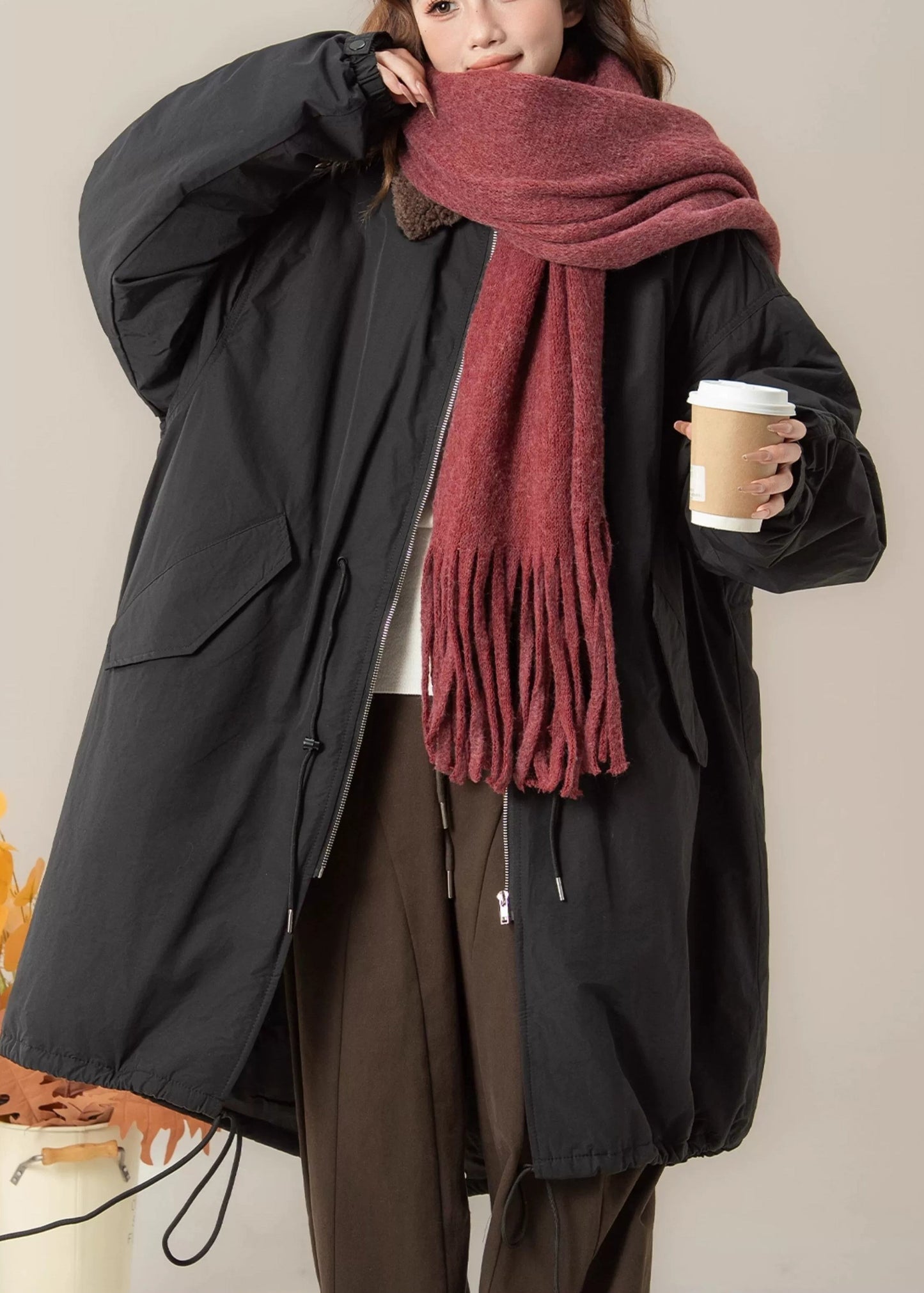 Loose Black Peter Pan Collar Pockets Patchwork Long Parkas Winter