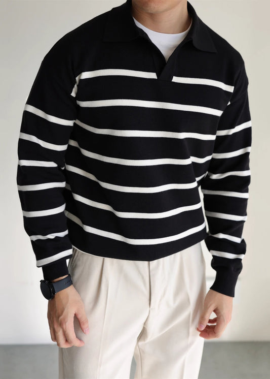 Loose Black Peter Pan Collar Striped Knit Men Sweater Spring