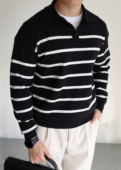 Loose Black Peter Pan Collar Striped Knit Men Sweater Spring