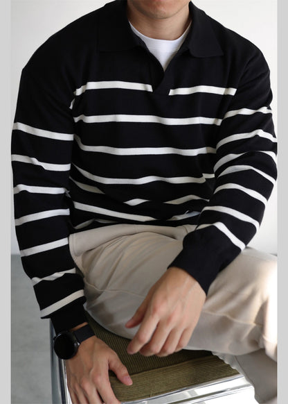 Loose Black Peter Pan Collar Striped Knit Men Sweater Spring
