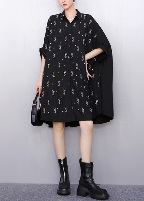 Loose Black Peter Pan Collar Zircon Cotton Shirts Dress Batwing Sleeve
