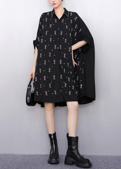Loose Black Peter Pan Collar Zircon Cotton Shirts Dress Batwing Sleeve