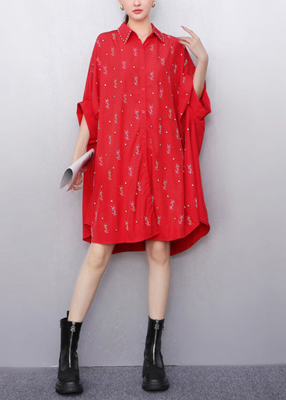 Loose Black Peter Pan Collar Zircon Cotton Shirts Dress Batwing Sleeve