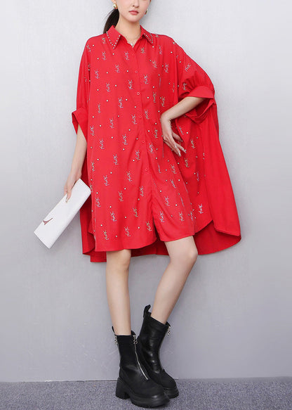 Loose Black Peter Pan Collar Zircon Cotton Shirts Dress Batwing Sleeve