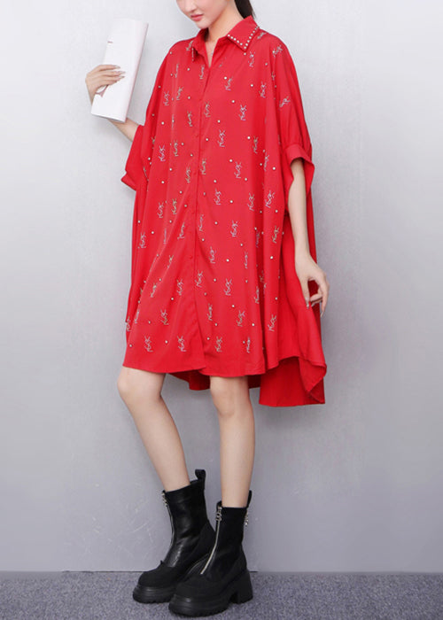 Loose Black Peter Pan Collar Zircon Cotton Shirts Dress Batwing Sleeve