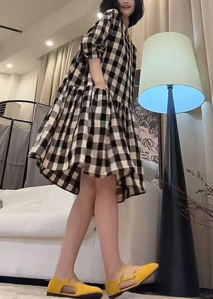 Loose Black Plaid Pockets Cotton Dress Half Sleeve