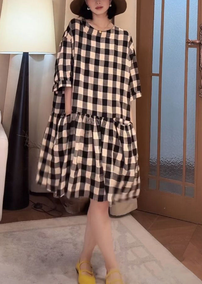 Loose Black Plaid Pockets Cotton Dress Half Sleeve
