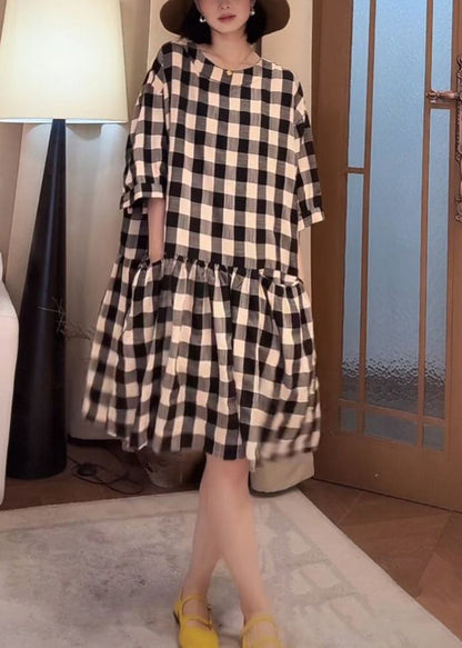 Loose Black Plaid Pockets Cotton Dress Half Sleeve