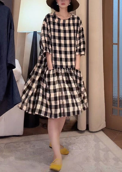 Loose Black Plaid Pockets Cotton Dress Half Sleeve