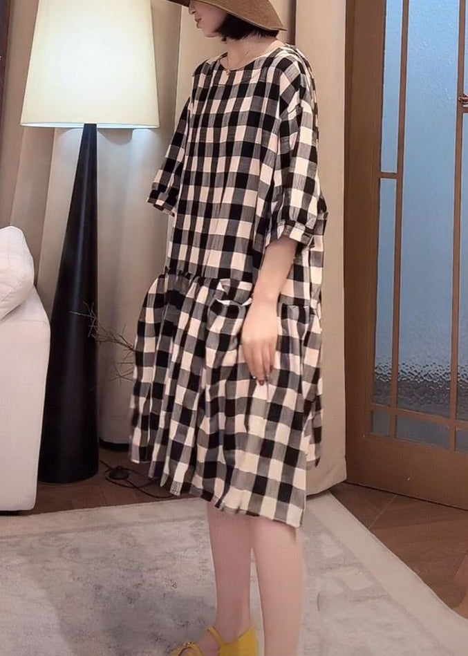 Loose Black Plaid Pockets Cotton Dress Half Sleeve