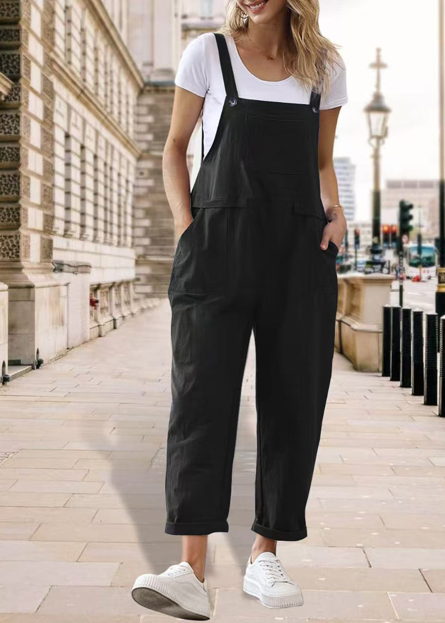 Loose Black Pockets Cotton Overalls Jumpsuit Summer