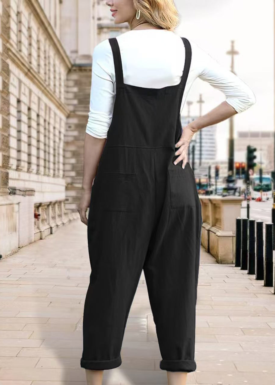 Loose Black Pockets Cotton Overalls Jumpsuit Summer