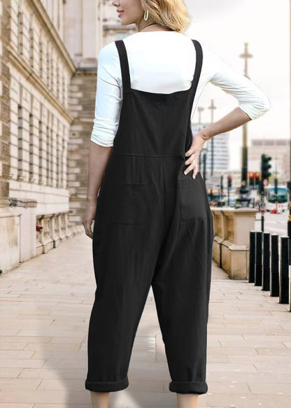 Loose Black Pockets Cotton Overalls Jumpsuit Summer