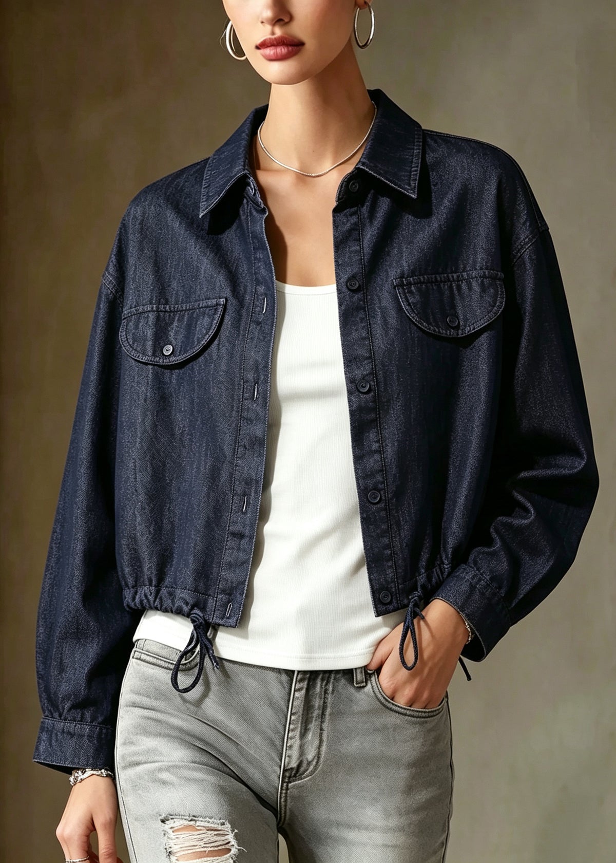 Loose Black Point Collar Drawstring Denim Jacket Fall