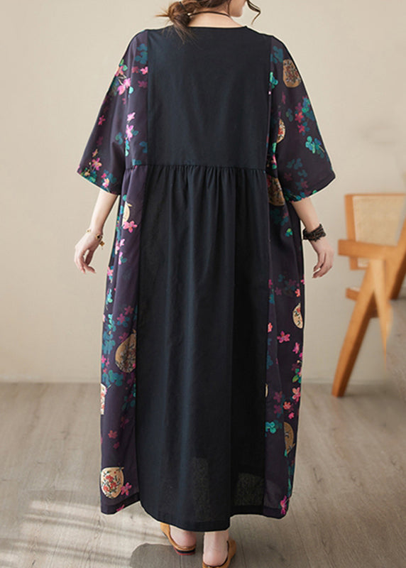 Loose Black Print Patchwork Long Dresses Half Sleeve