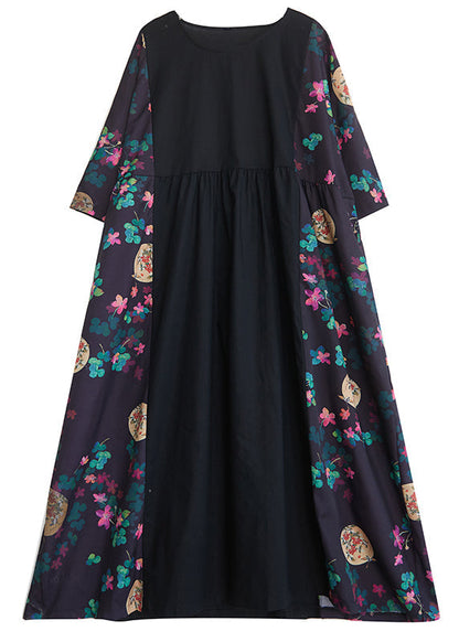 Loose Black Print Patchwork Long Dresses Half Sleeve