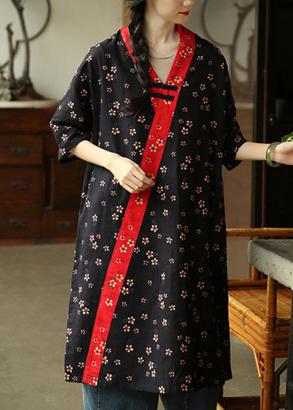 Loose Black Print Pockets Patchwork Cotton Dresses Summer