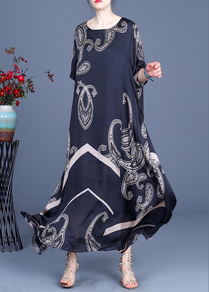 Loose Black Print Short Sleeve Silk Ankle Dress Summer - SooLinen