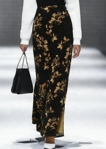 Loose Black Print Side Open Silk Velvet Skirt Spring