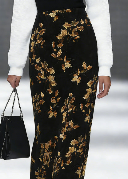 Loose Black Print Side Open Silk Velvet Skirt Spring