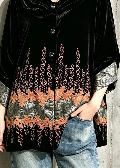 Loose Black Print Silk Velvet Coat Three Quarters Sleeve