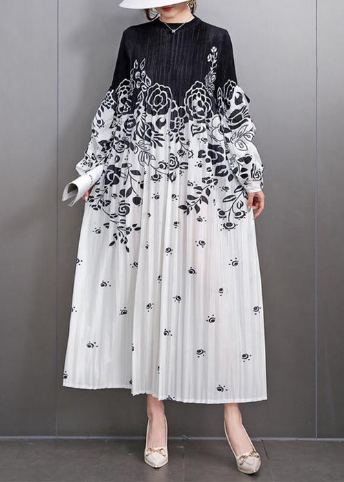 Loose Black Print Wrinkled Patchwork Cotton Long Dress Fall