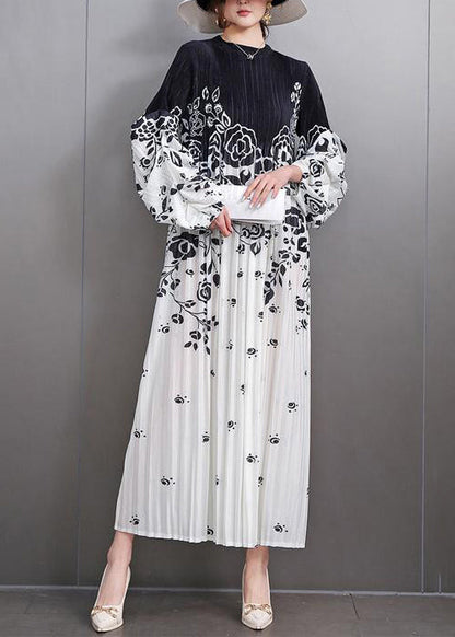 Loose Black Print Wrinkled Patchwork Cotton Long Dress Fall