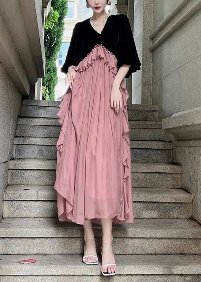 Loose Black Ruffled Patchwork Silk Velvet Dresses Puff Sleeve