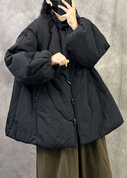 Loose Black Ruffled Pockets Patchwork Fine Cotton Filled Coats Winter