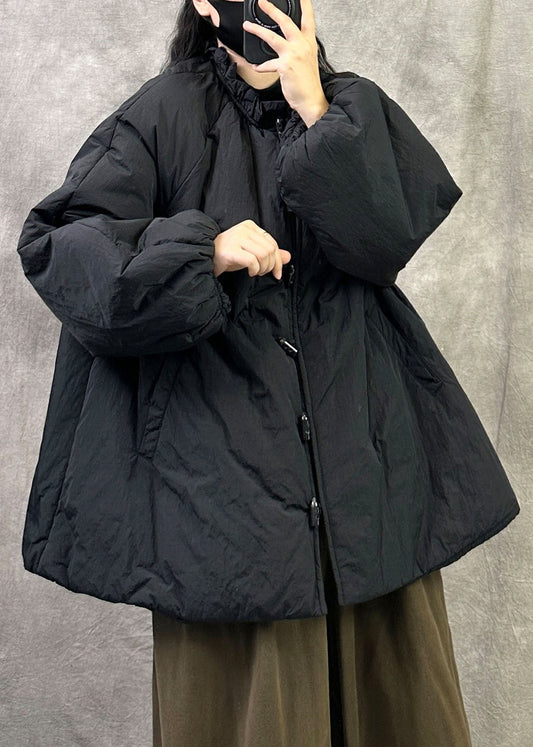 Loose Black Ruffled Pockets Patchwork Fine Cotton Filled Coats Winter