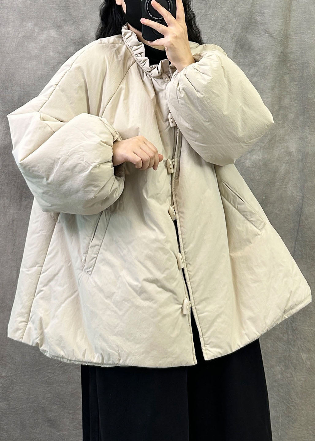 Loose Black Ruffled Pockets Patchwork Fine Cotton Filled Coats Winter