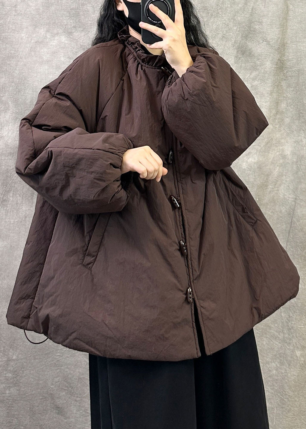 Loose Black Ruffled Pockets Patchwork Fine Cotton Filled Coats Winter