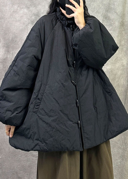 Loose Black Ruffled Pockets Patchwork Fine Cotton Filled Coats Winter