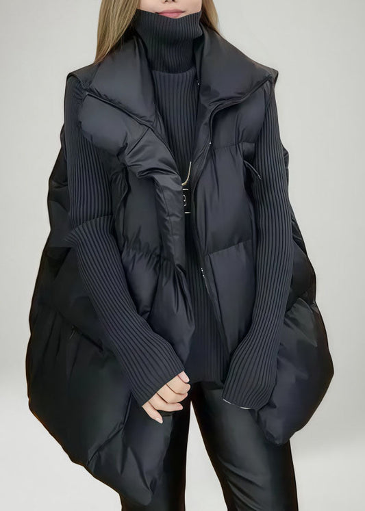 Loose Black Stand Collar Oversized Fine Cotton Filled Vest Winter