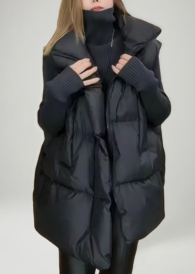 Loose Black Stand Collar Oversized Fine Cotton Filled Vest Winter